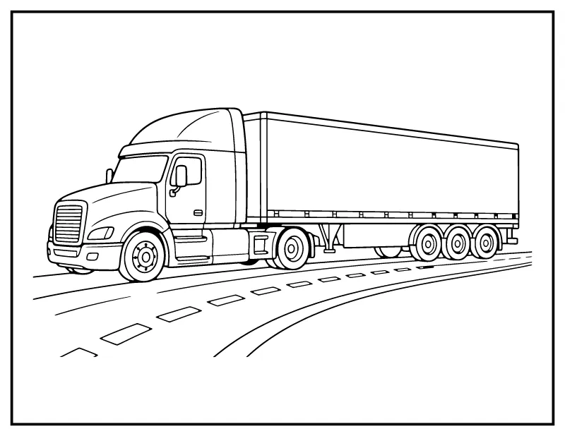 Semi Truck with Trailer coloring page – printable black and white line art