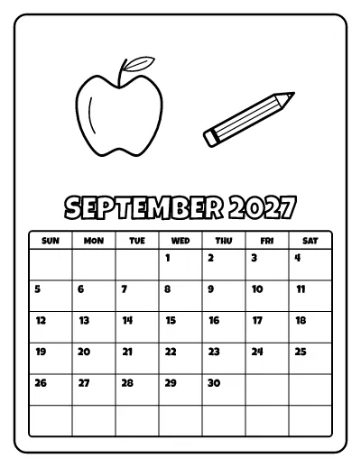 September 2027 Calendar coloring page – printable line art