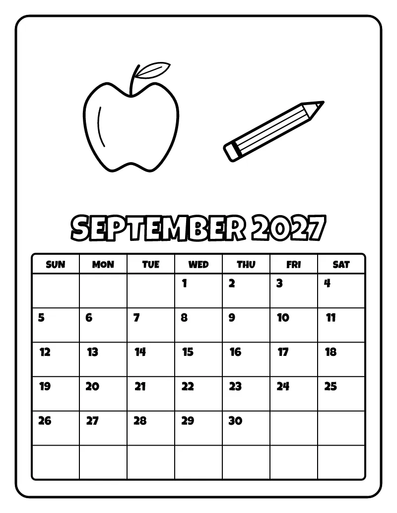 September 2027 Calendar coloring page – printable black and white line art