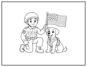 Service Dog with Soldier and Flag coloring page – printable line art