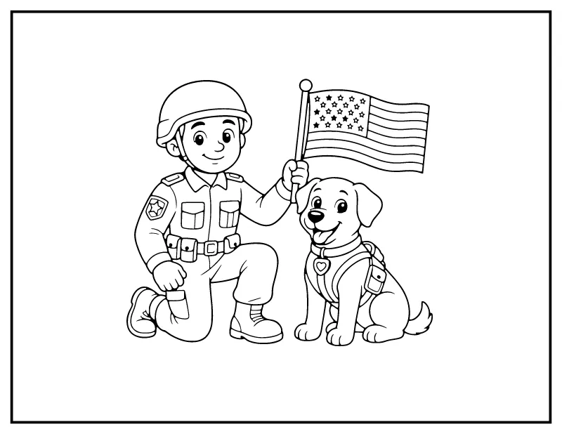 Service Dog with Soldier and Flag coloring page – printable black and white line art