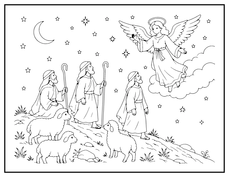 Shepherds and the Angel on the Hillside coloring page – printable black and white line art