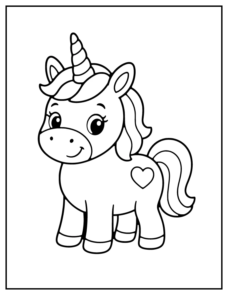 Simple Unicorn for Toddlers coloring page – printable black and white line art