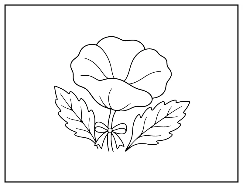 Single Poppy with Ribbon coloring page – printable black and white line art