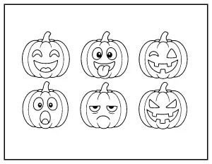 Six Jack-o-Lantern Faces coloring page – printable line art