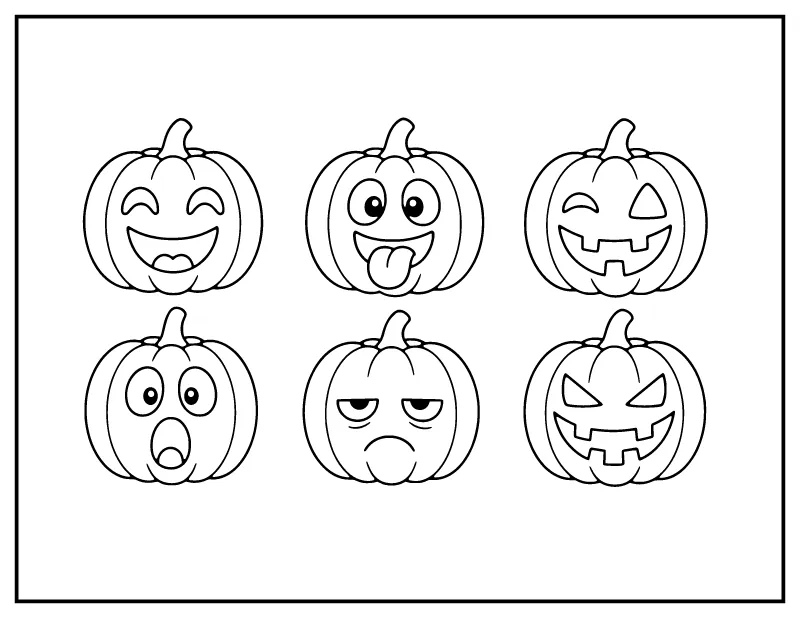 Six Jack-o-Lantern Faces coloring page – printable black and white line art