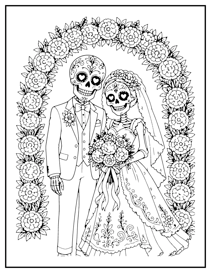 Skeleton Bride and Groom coloring page – printable black and white line art