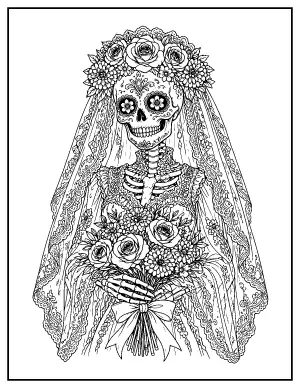 Skeleton Bride Portrait with a Veil coloring page – printable line art