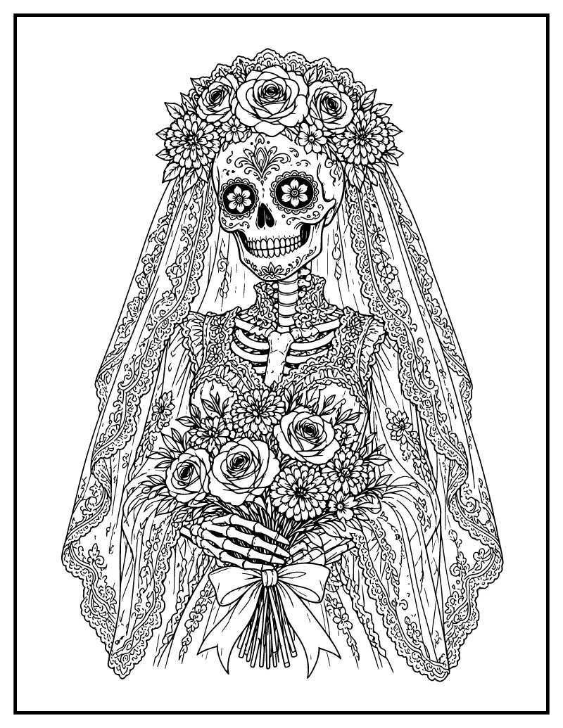 Skeleton Bride Portrait with a Veil coloring page – printable black and white line art