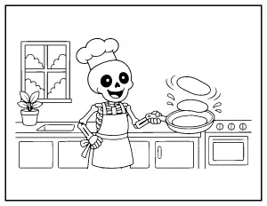 Skeleton Chef Flipping Pancakes coloring page – printable line art