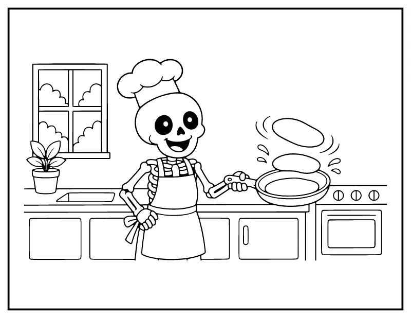 Skeleton Chef Flipping Pancakes coloring page – printable black and white line art
