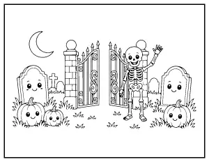 Waving Skeleton at the Graveyard Gate coloring page – printable line art