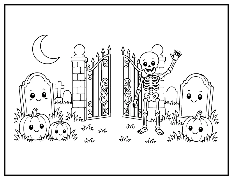Waving Skeleton at the Graveyard Gate coloring page – printable black and white line art