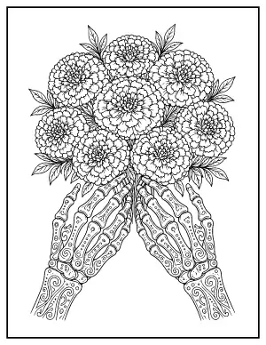 Skeleton Hands Holding Marigolds coloring page – printable line art