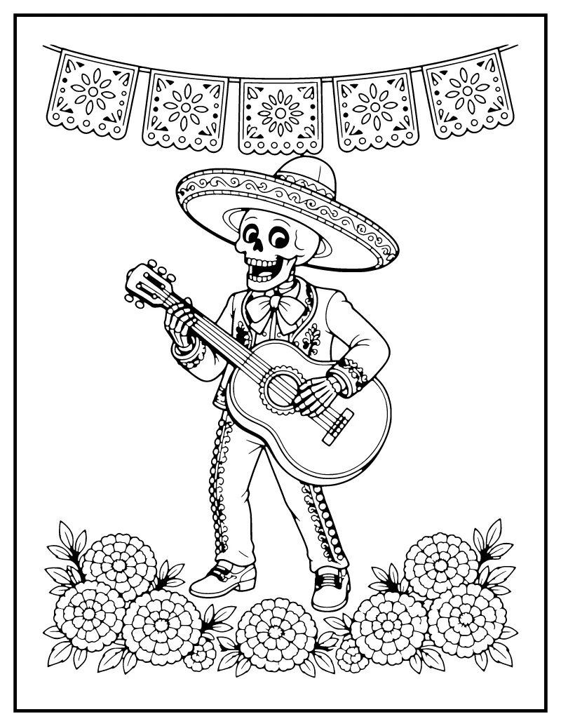 Skeleton Mariachi with a Guitarrón coloring page – printable black and white line art