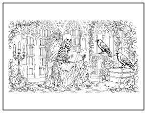 Skeleton Reading in a Gothic Library coloring page – printable line art