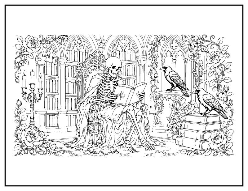 Skeleton Reading in a Gothic Library coloring page – printable black and white line art