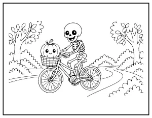 Skeleton Riding a Bike coloring page – printable line art