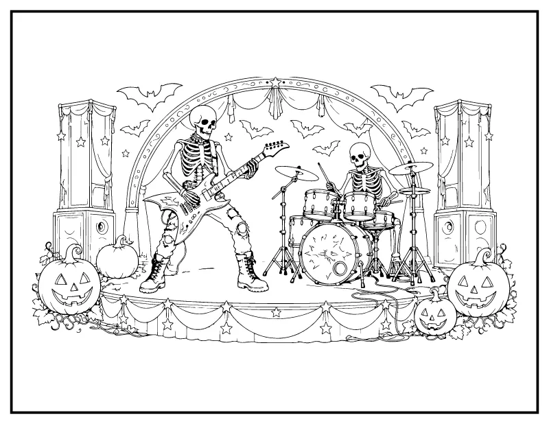 Skeleton Rock Band on Stage coloring page – printable black and white line art