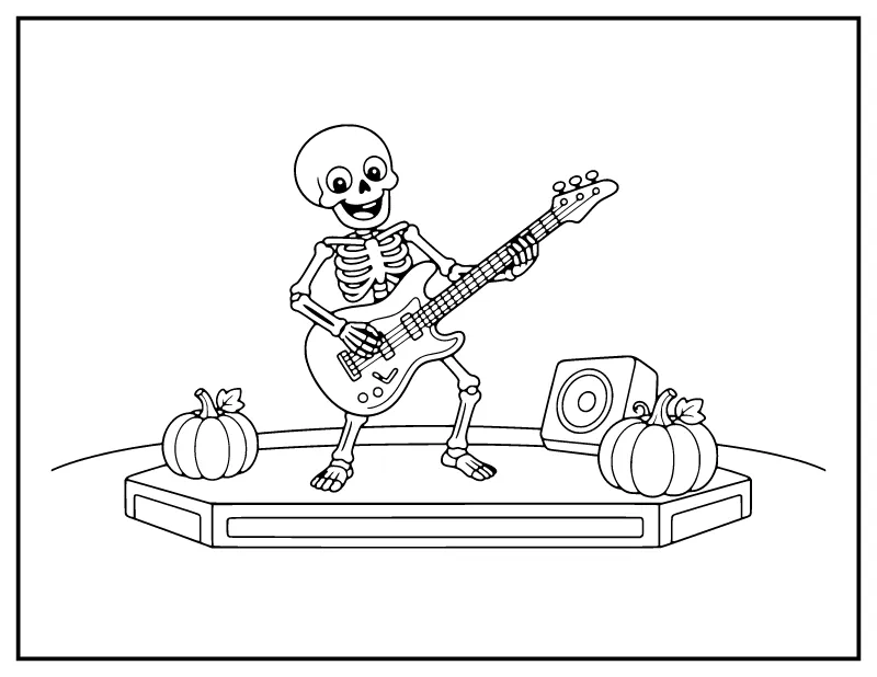 Skeleton Rock Star coloring page – printable black and white line art