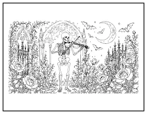Skeleton Playing the Violin in a Gothic Garden coloring page – printable line art