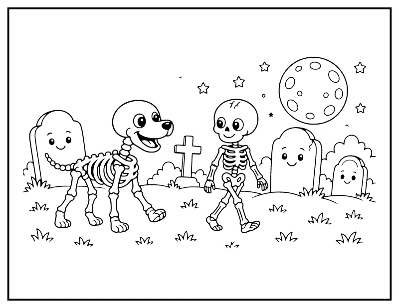 Skeleton Walking His Skeleton Dog coloring page – printable black and white line art