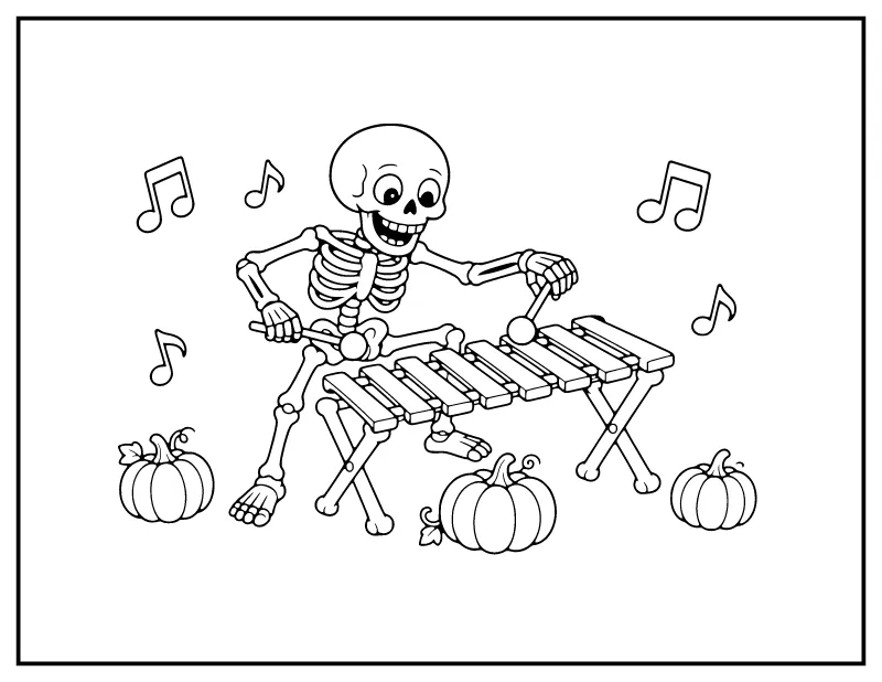 Skeleton Playing the Xylophone coloring page – printable black and white line art