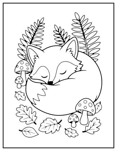 Sleepy Fox in the Forest coloring page – printable line art