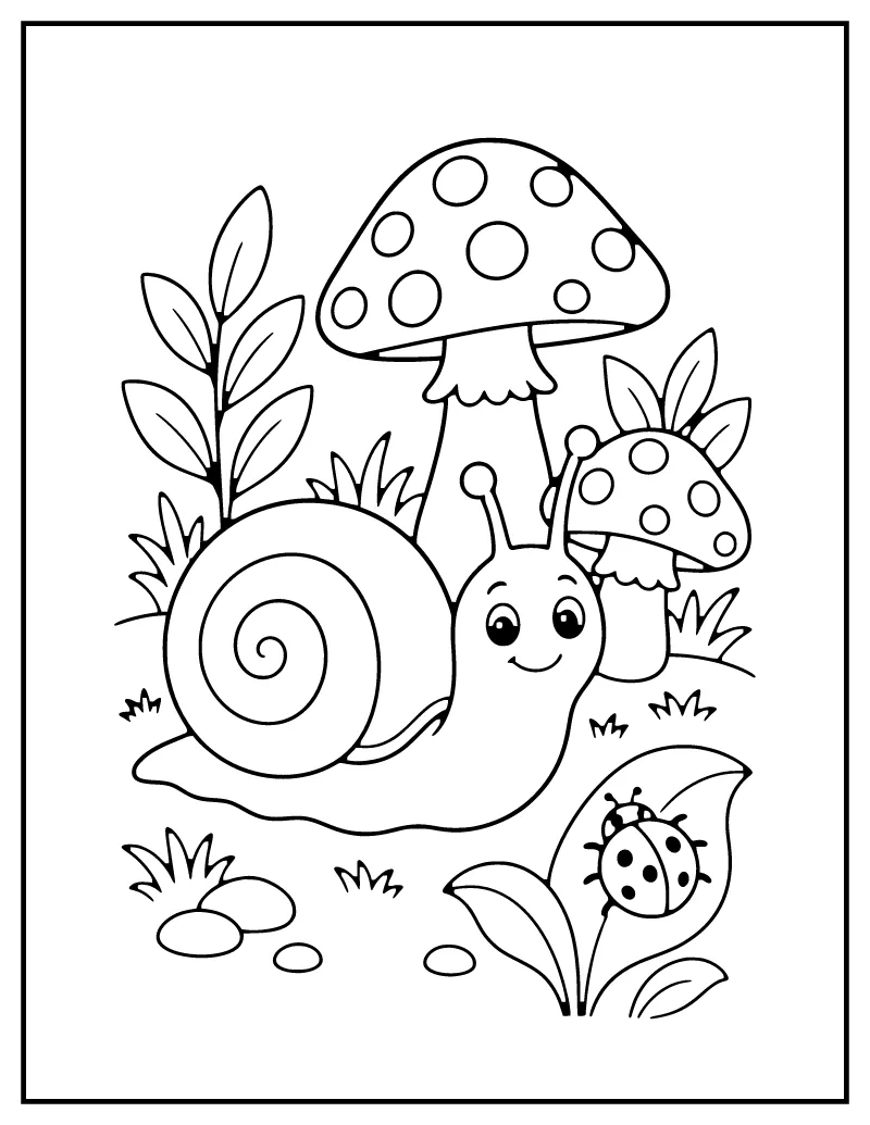 Snail with a Spiral Shell and Mushrooms coloring page – printable black and white line art