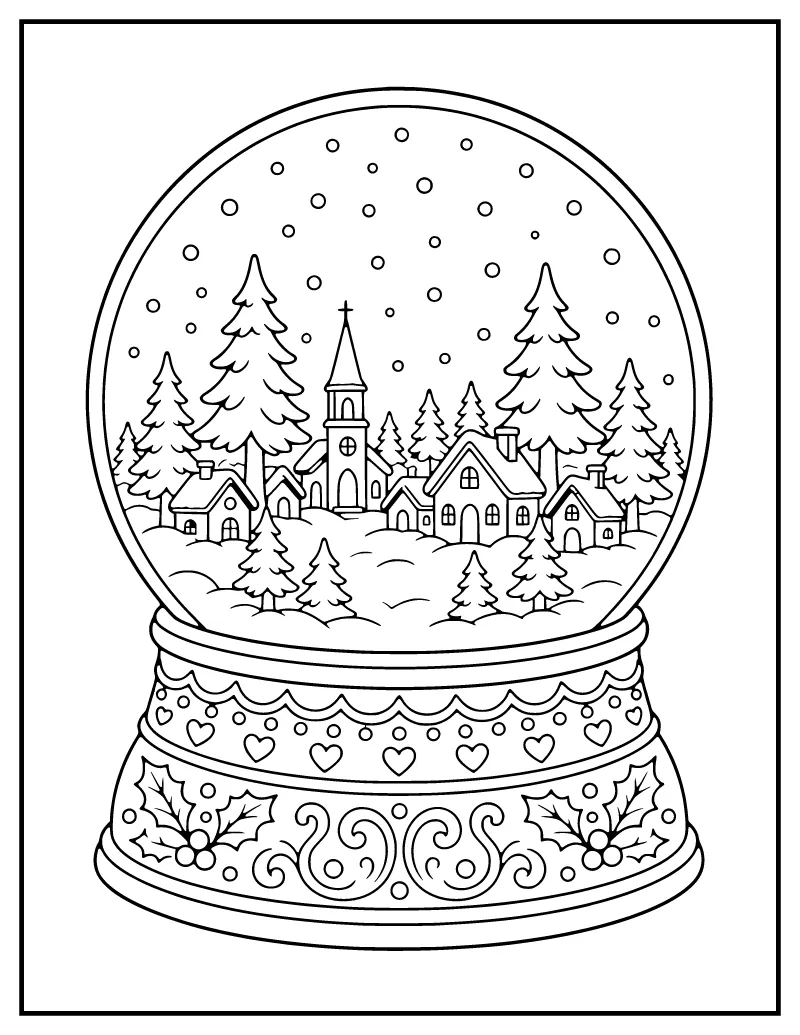 Christmas Snow Globe with a Village coloring page – printable black and white line art