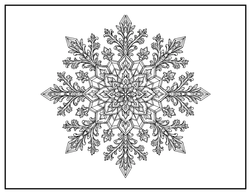 Snowflake Mandala coloring page – printable black and white line art