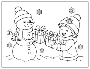 Snowman and Child Swapping Presents coloring page – printable line art