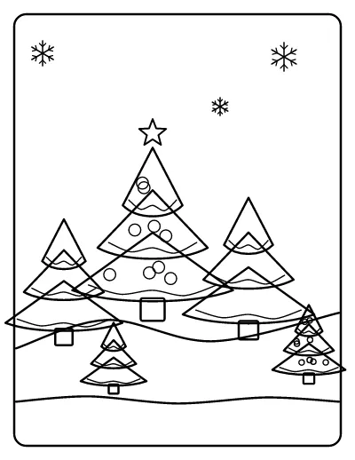 Snowy Christmas Tree Forest coloring page – printable line art