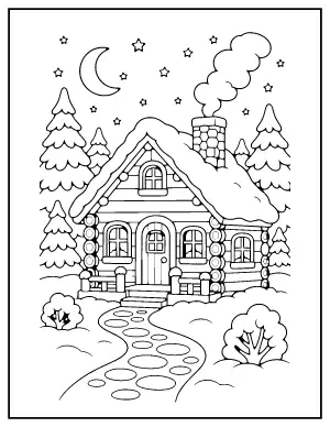 Snowy Log Cabin coloring page – printable line art