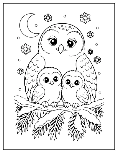 Snowy Owl Family on a Pine Branch coloring page – printable line art
