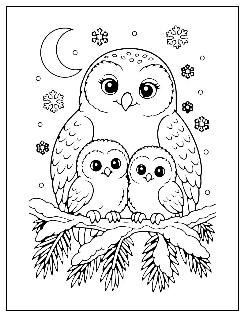 Snowy Owl Family on a Pine Branch coloring page – printable black and white line art