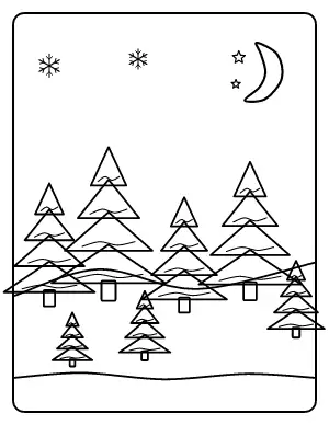 Snowy Pine Forest at Night coloring page – printable line art