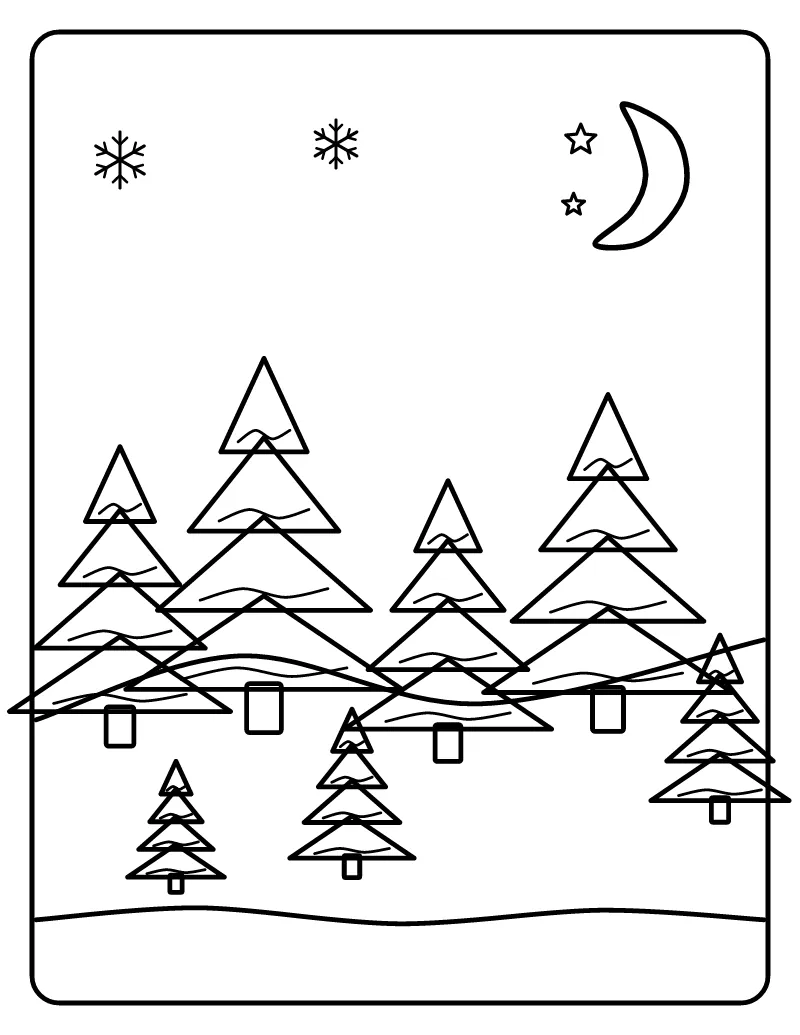 Snowy Pine Forest at Night coloring page – printable black and white line art