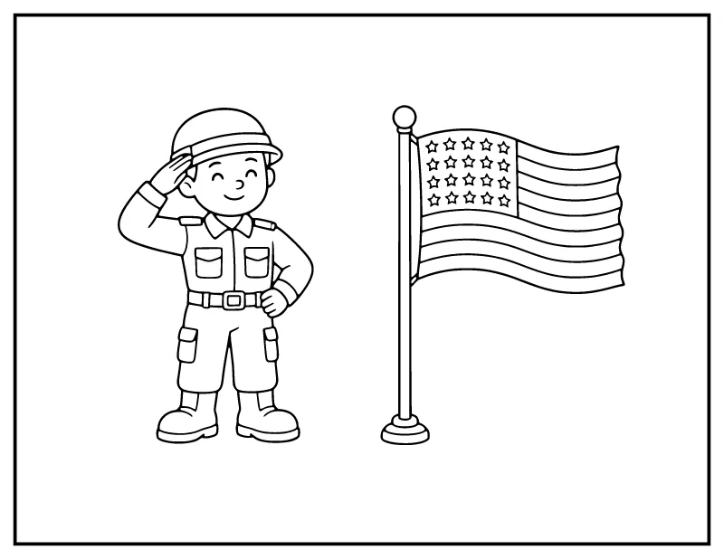 Soldier Saluting at the Flag Pole coloring page – printable black and white line art