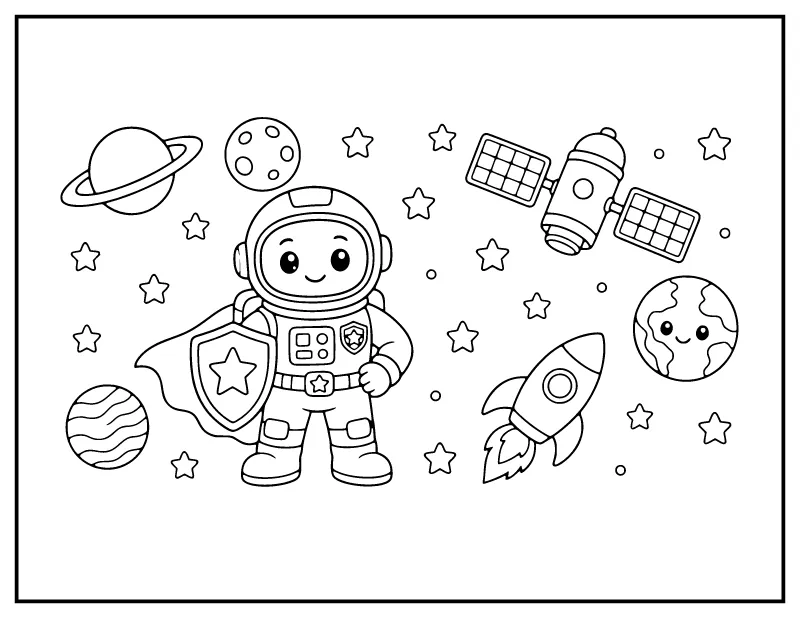Space Guardian Astronaut with Satellite coloring page – printable black and white line art