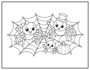 Spider Family on a Web coloring page – printable line art