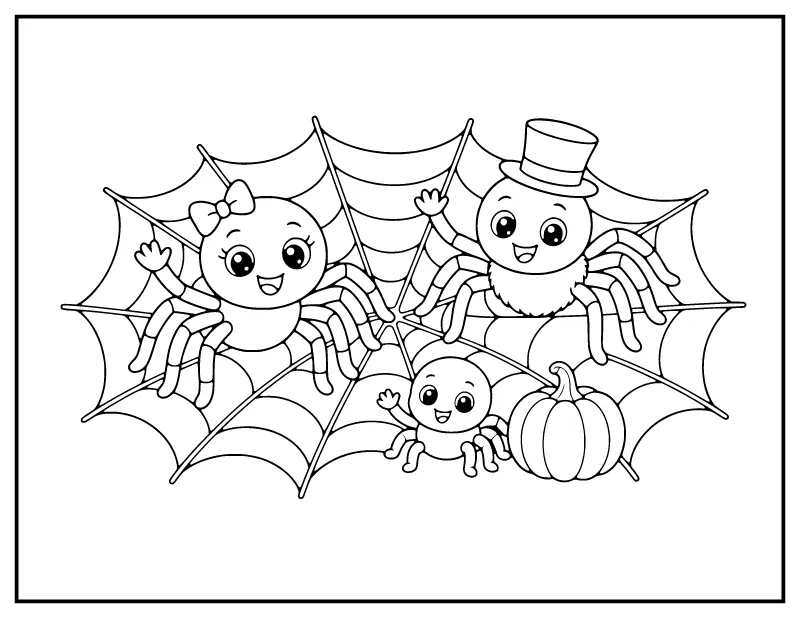 Spider Family on a Web coloring page – printable black and white line art