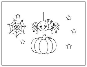 Spider Hanging Above a Pumpkin coloring page – printable line art