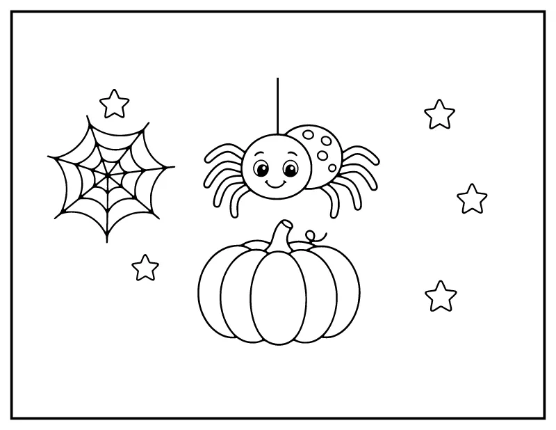 Spider Hanging Above a Pumpkin coloring page – printable black and white line art