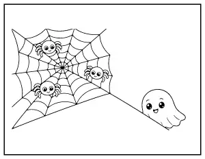 Spider Web Corner with a Little Ghost coloring page – printable line art