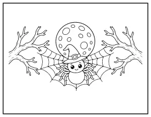 Spider in a Witch Hat on a Moonlit Web coloring page – printable line art