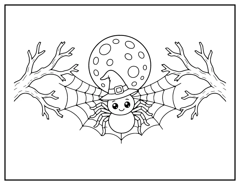 Spider in a Witch Hat on a Moonlit Web coloring page – printable black and white line art
