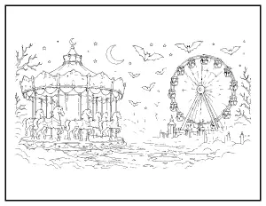 Spooky Carnival with a Carousel and Ferris Wheel coloring page – printable line art