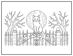 Spooky Cat on the Cemetery Gate coloring page – printable line art