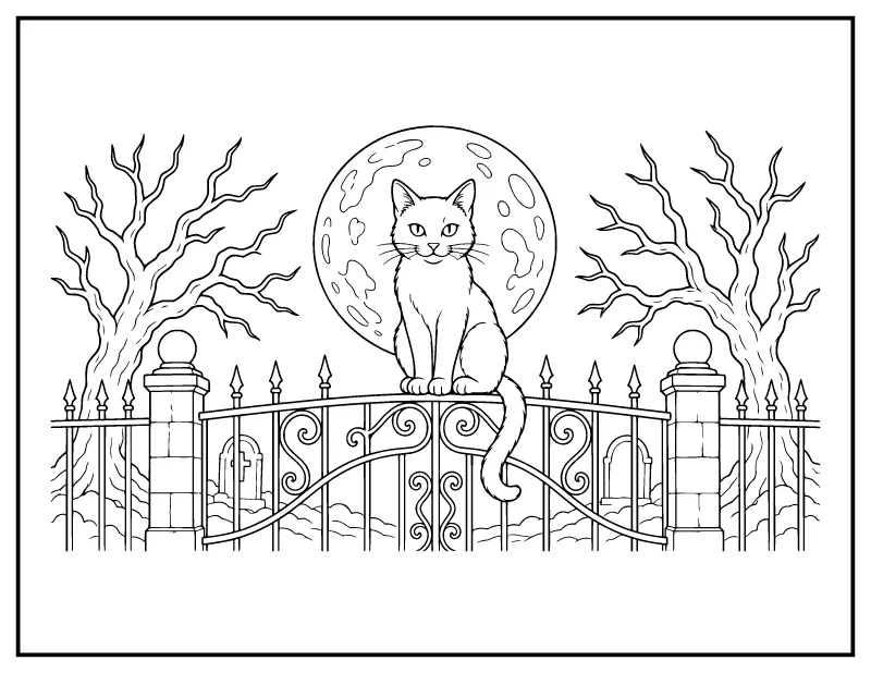 Spooky Cat on the Cemetery Gate coloring page – printable black and white line art